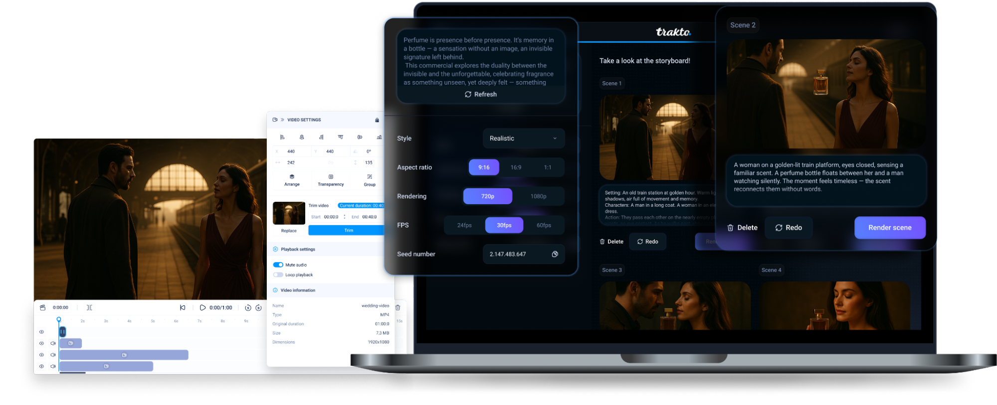 Trakto Director feature transforms simple prompts into complete, editable commercials.